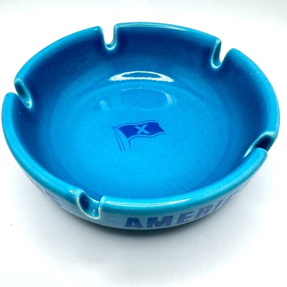 Vintage Chandris America Lines Turquoise Ceramic Ashtray Flag Cruise Line MCM 60 - Picture 1 of 8